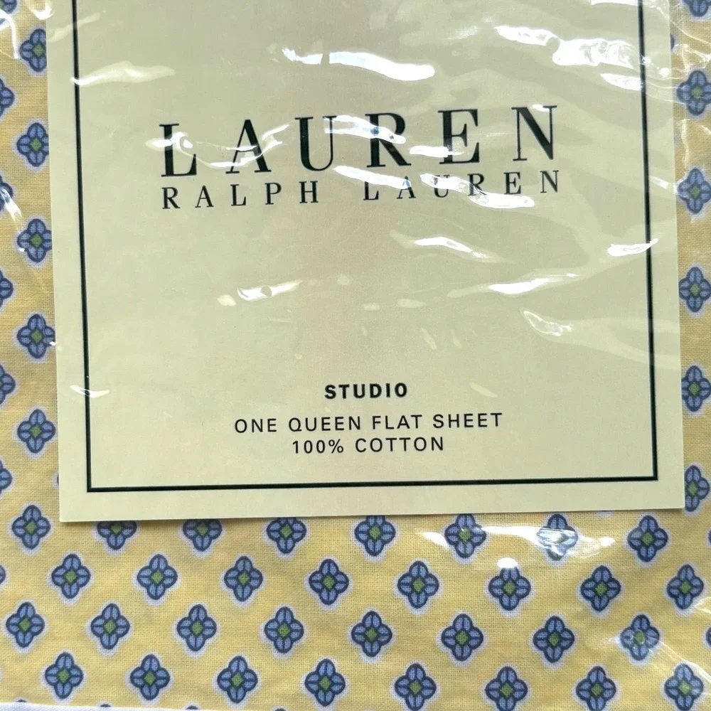 Ralph Lauren‎ Studio Foulard Citron & White Queen Flat Sheet NEW RETIRED PATTERN